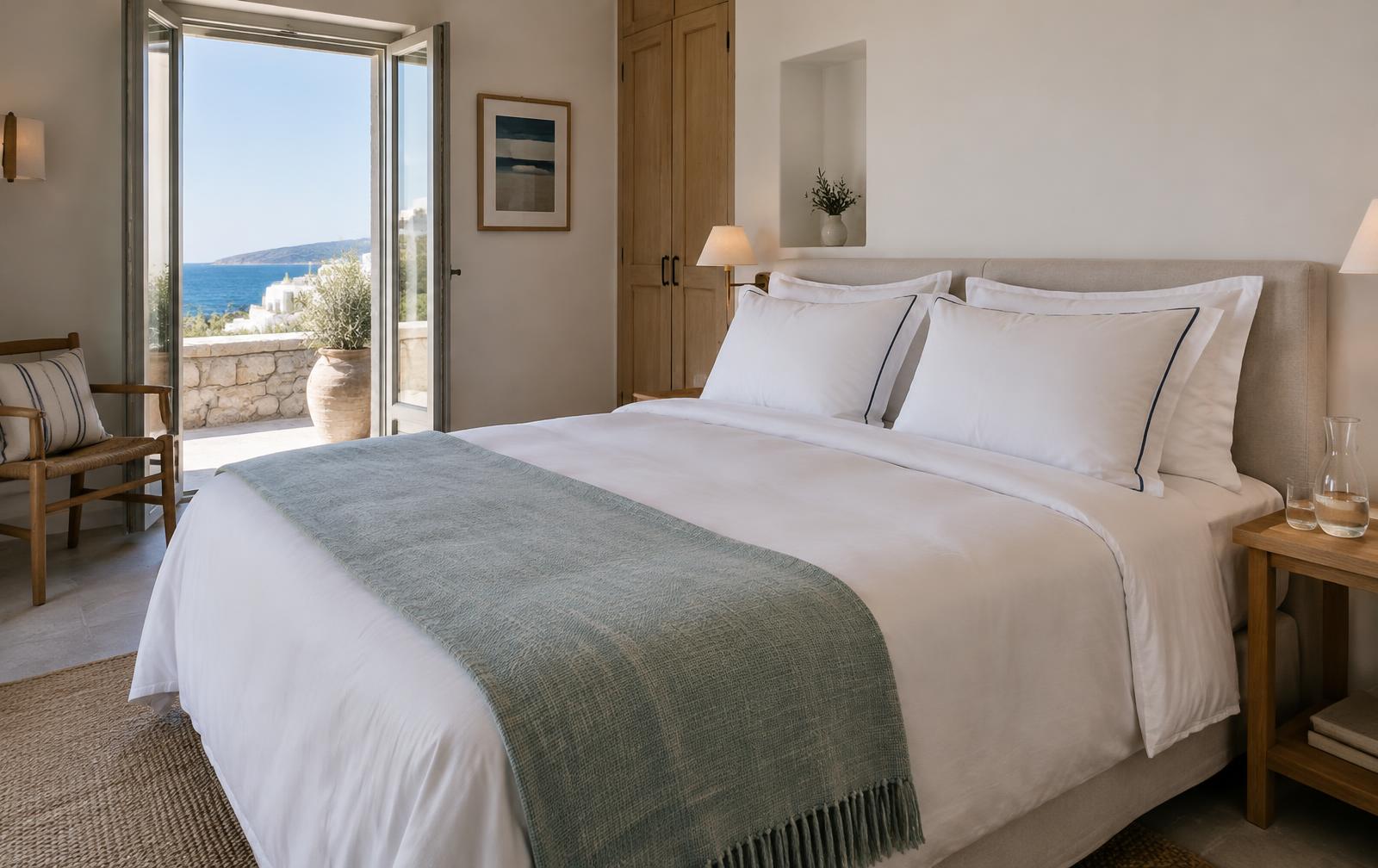 A coastal boutique guest suite in Europe with fine white linens, navy-edged pillows and a sea-glass throw