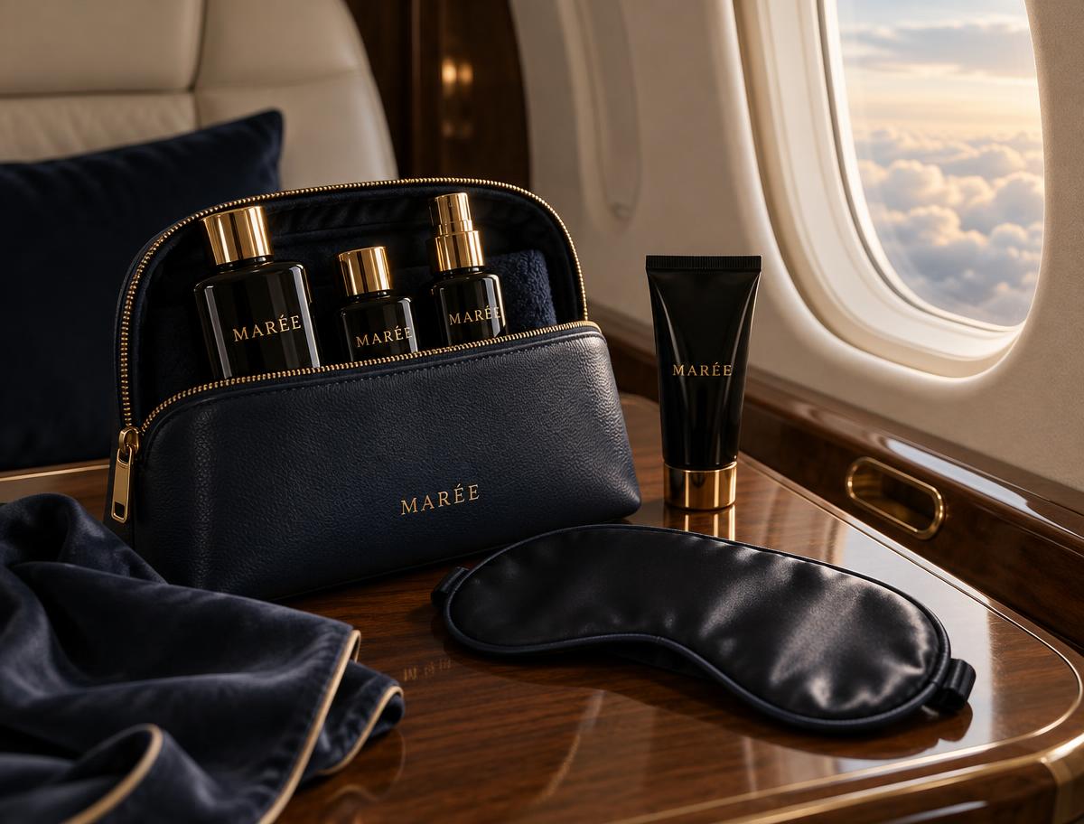 Navy leather MARÉE amenity kit with black-and-gold bottles and a silk eye mask in a private jet cabin