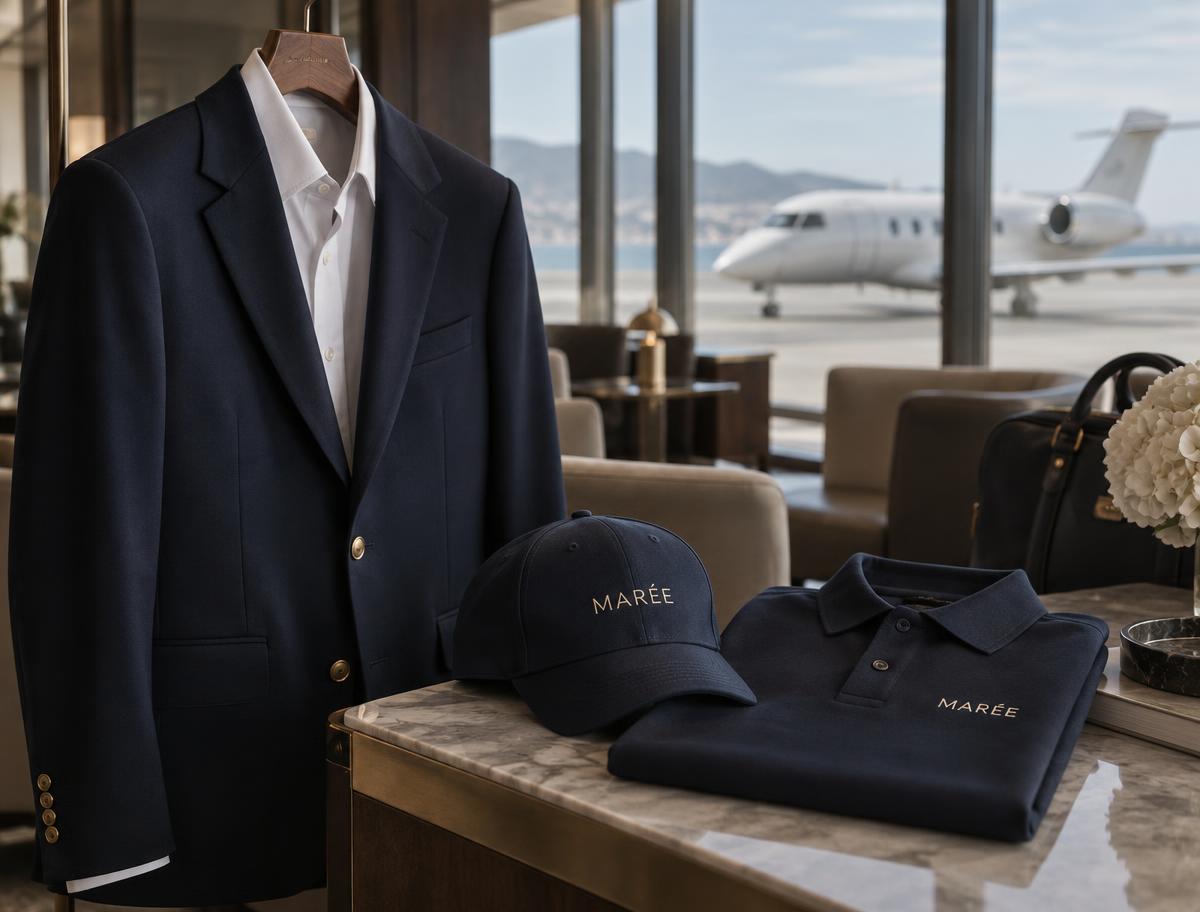 Navy crew blazer, MARÉE cap and polo in a private terminal lounge with a business jet beyond