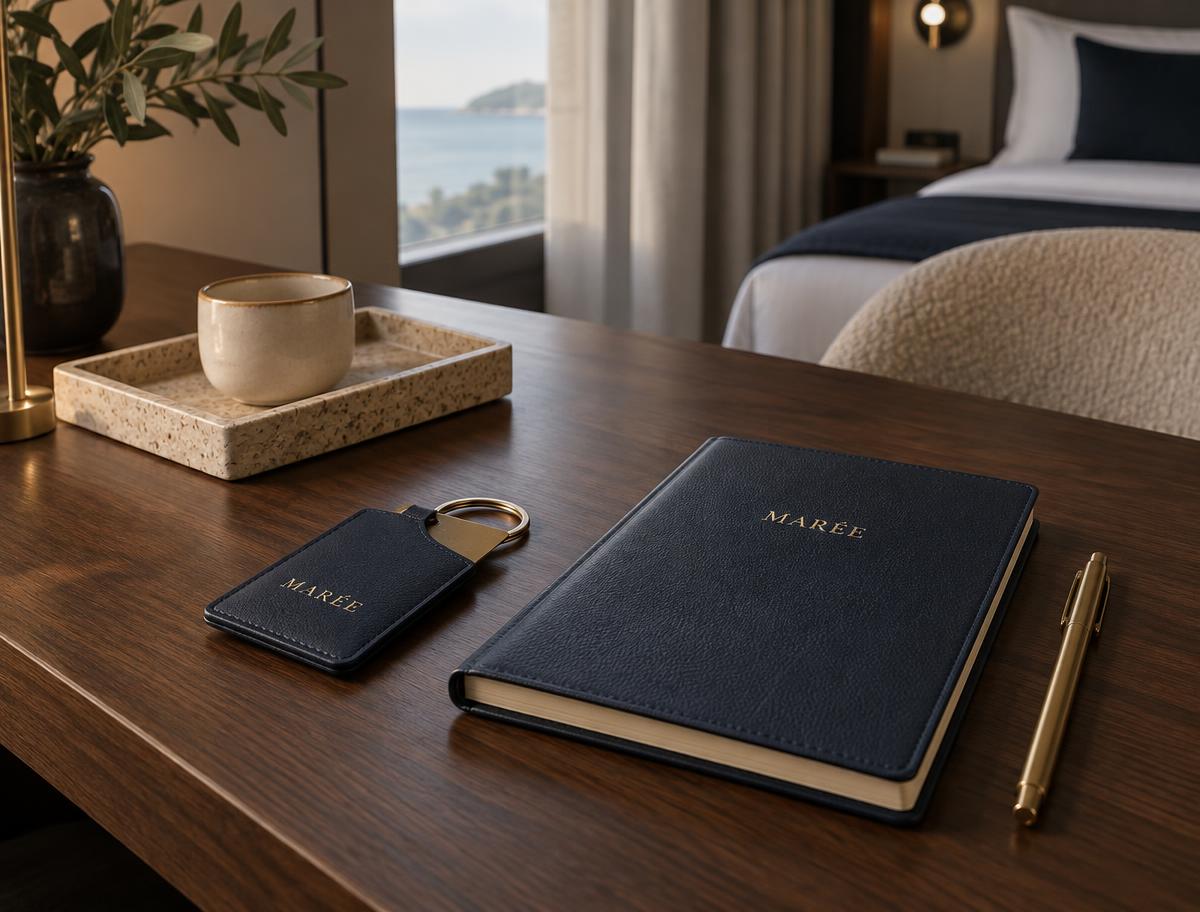 Navy leather MARÉE key holder and notebook with a brass pen on a walnut desk