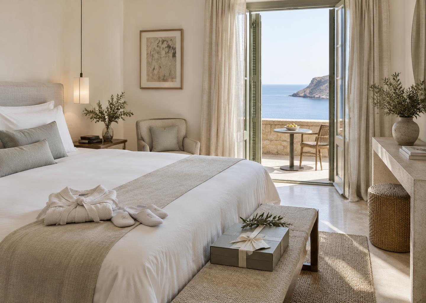 Boutique hotel room with premium bedding and warm, design-conscious interiors