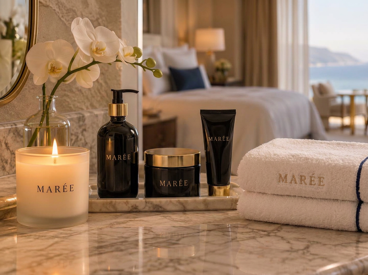 MARÉE candle, black-and-gold cosmetics and embroidered towels on a marble vanity