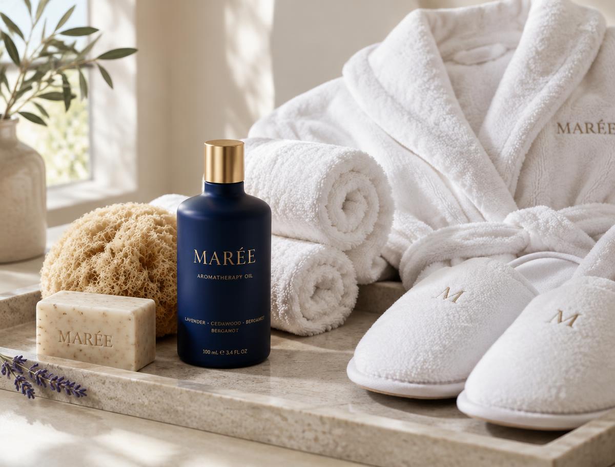 Navy MARÉE aromatherapy oil, embroidered robe and slippers, spa towels and soap on a stone tray