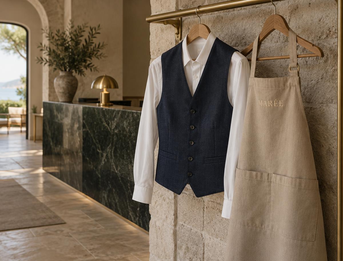Navy waistcoat, white shirt and MARÉE linen apron on a brass rail in a stone hotel reception