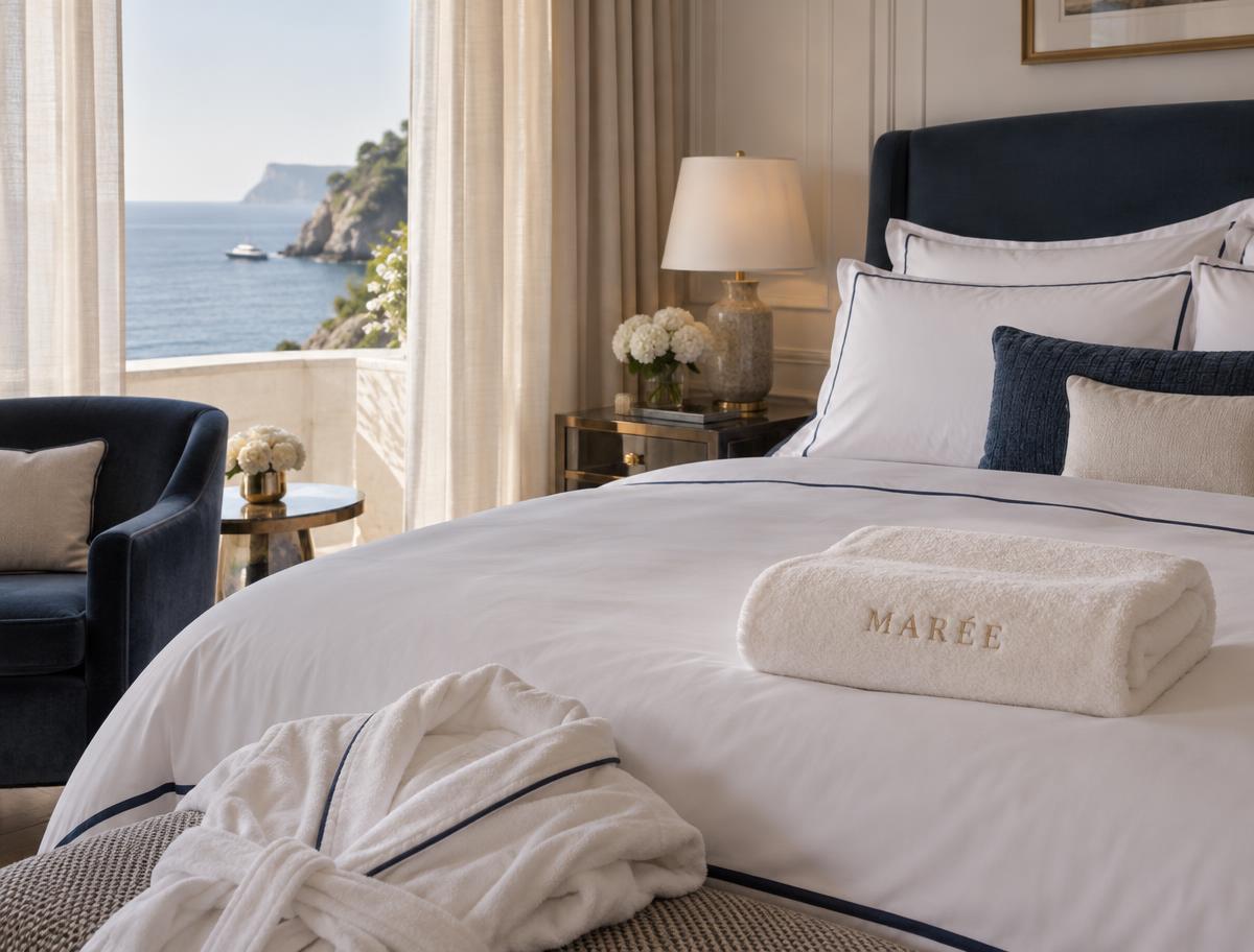 Crisp bed linen with navy piping, a MARÉE-embroidered towel and bathrobe in a sea-view suite