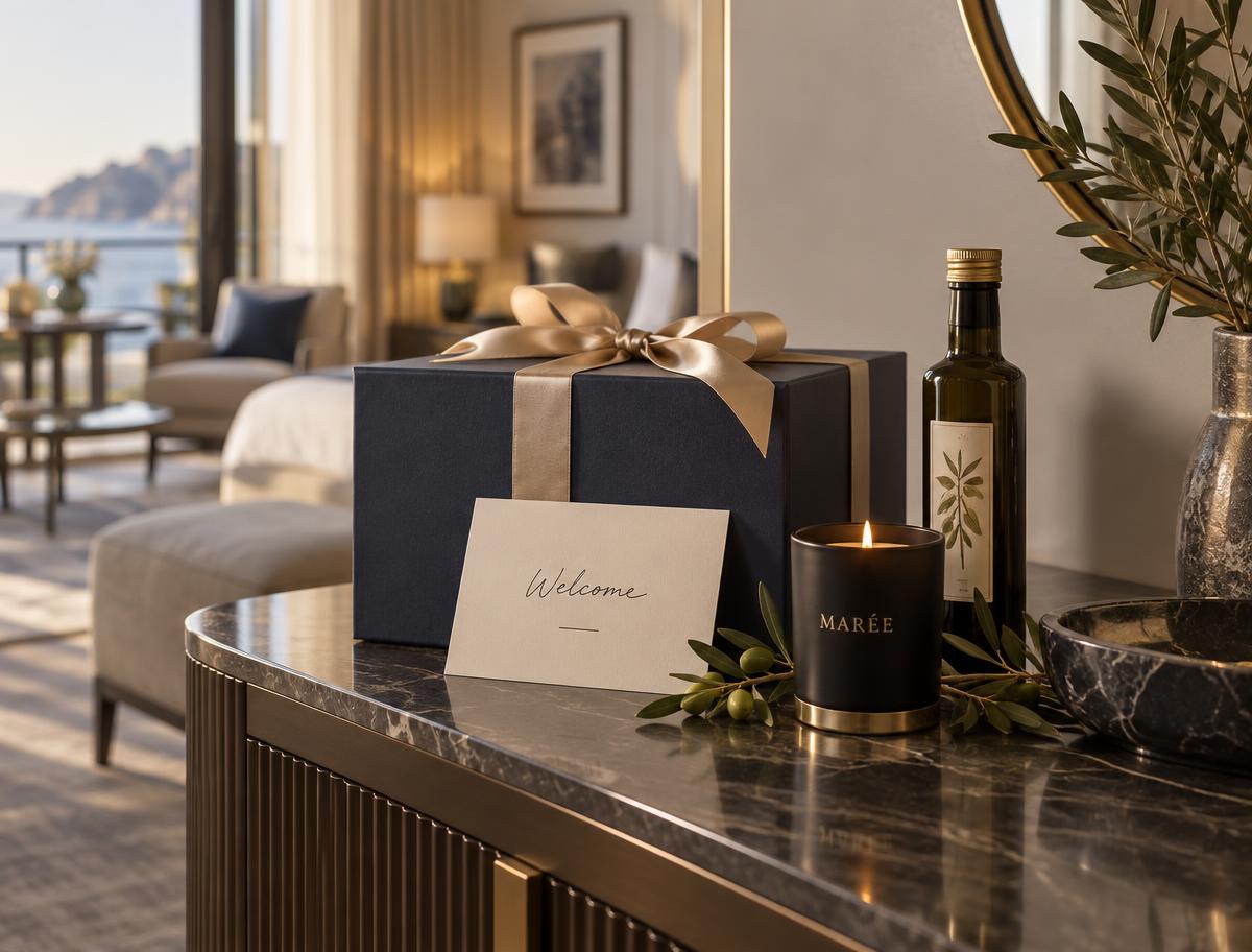 Navy gift box with champagne ribbon, welcome card, MARÉE candle and olive oil on a marble console