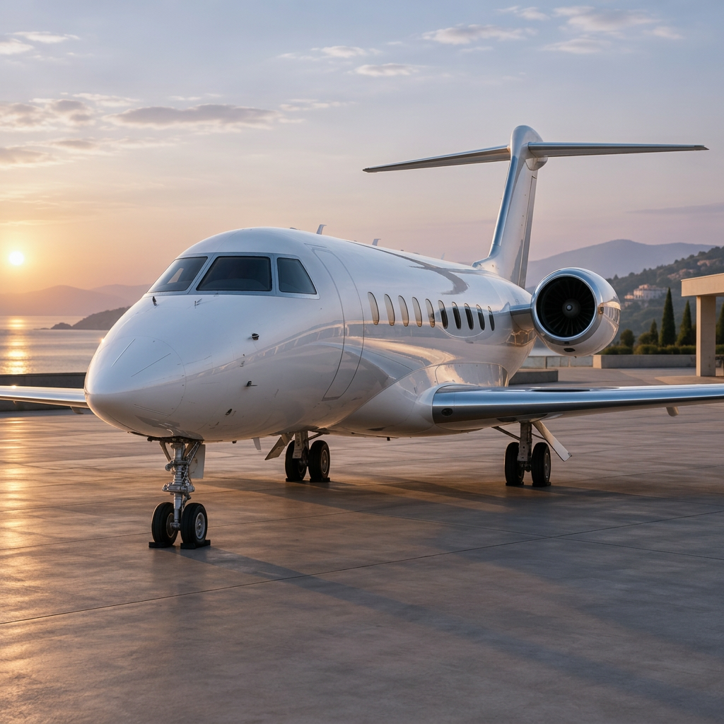 Sleek white private business jet on a private terminal apron at golden hour