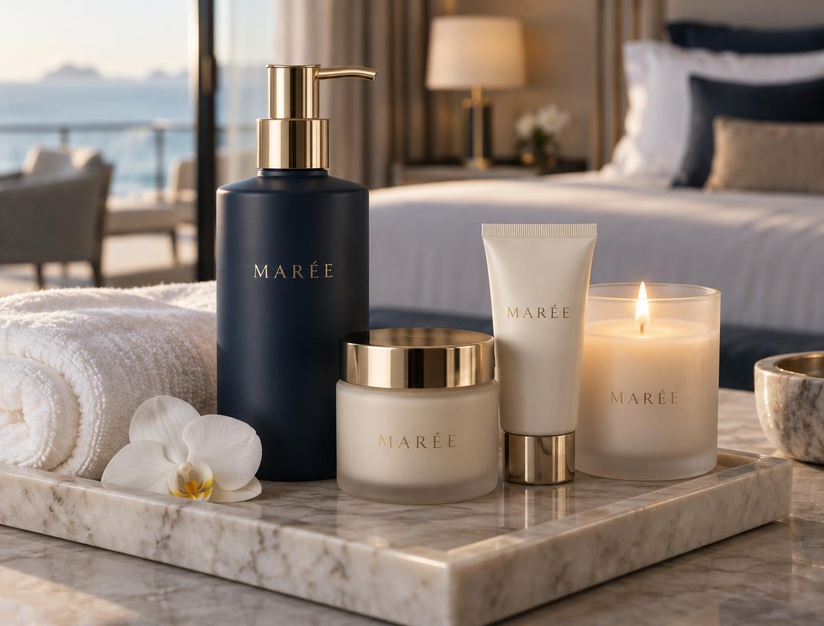 Navy and champagne MARÉE amenity set on a marble tray with a lit candle and orchid
