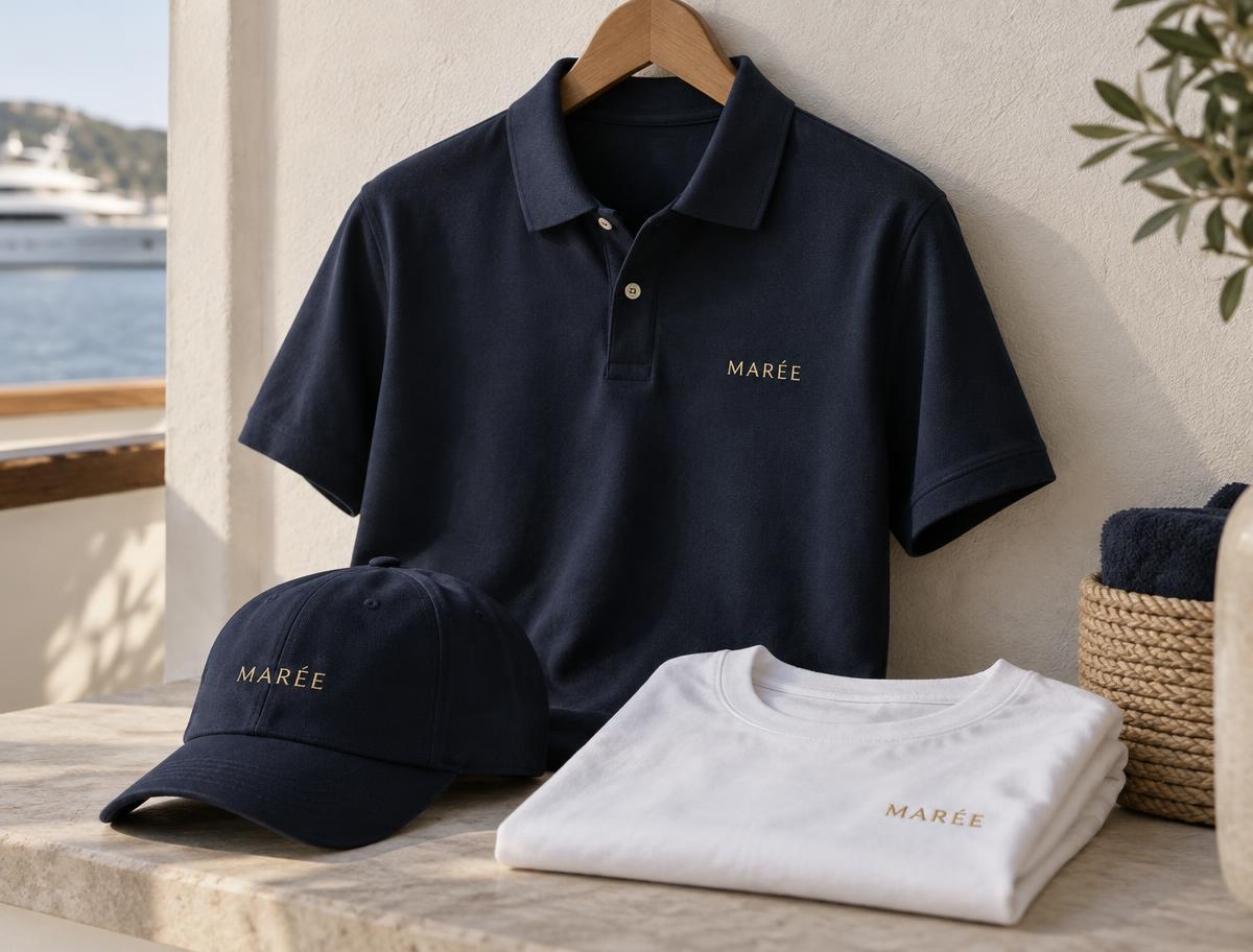 Navy polo shirt on a hanger, matching cap and folded T-shirt with discreet MARÉE embroidery