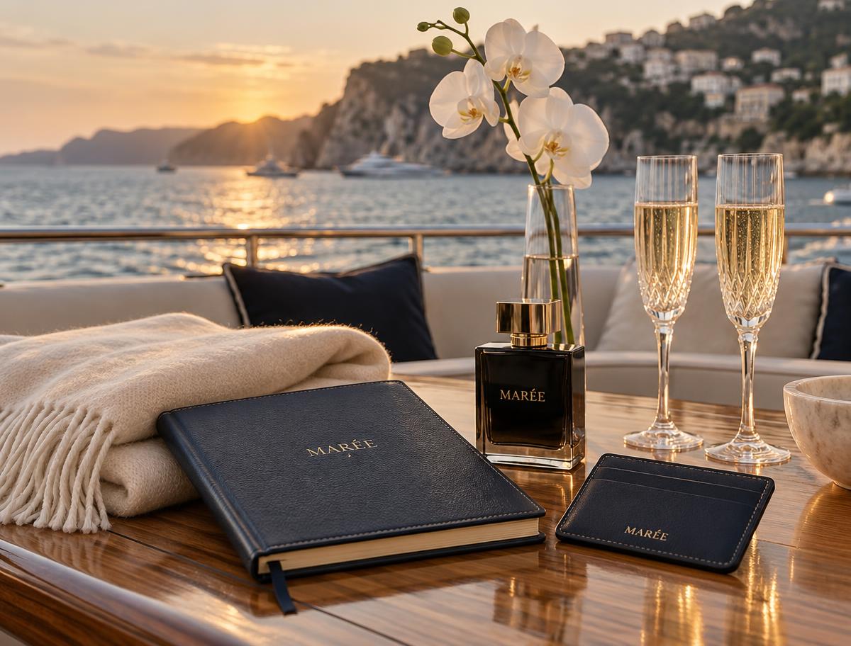 MARÉE navy leather journal and card holder, black-and-gold fragrance, cashmere throw, orchid and champagne on a yacht deck at sunset