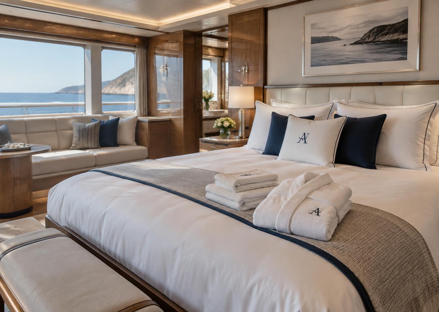 Refined yacht cabin interior with cream textiles and warm wood detailing