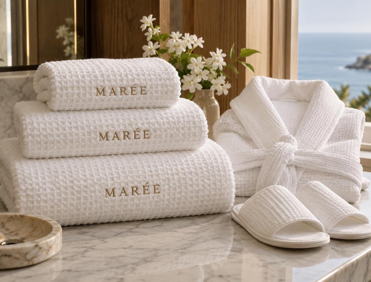 Plush waffle towels, bathrobe and slippers embroidered with the MARÉE name